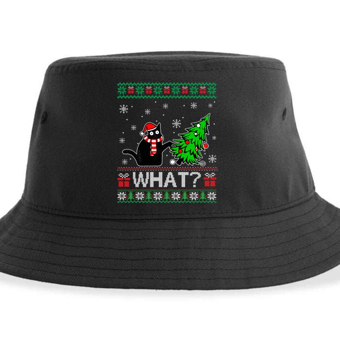 Funny Black Cat Gift Pushing Christmas Tree Over Cat What Sustainable Bucket Hat