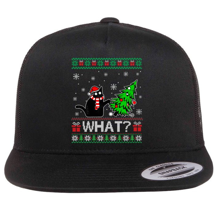 Funny Black Cat Gift Pushing Christmas Tree Over Cat What Flat Bill Trucker Hat