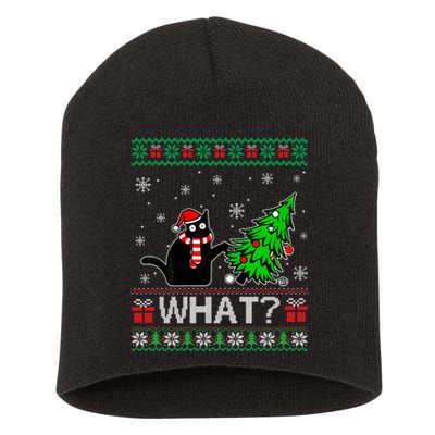 Funny Black Cat Gift Pushing Christmas Tree Over Cat What Short Acrylic Beanie