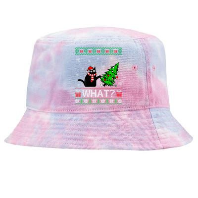 Funny Black Cat Gift Pushing Christmas Tree Over Cat What Tie-Dyed Bucket Hat