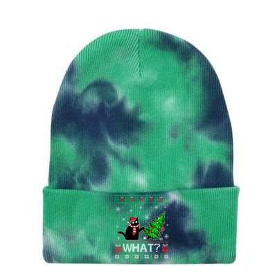 Funny Black Cat Gift Pushing Christmas Tree Over Cat What Tie Dye 12in Knit Beanie