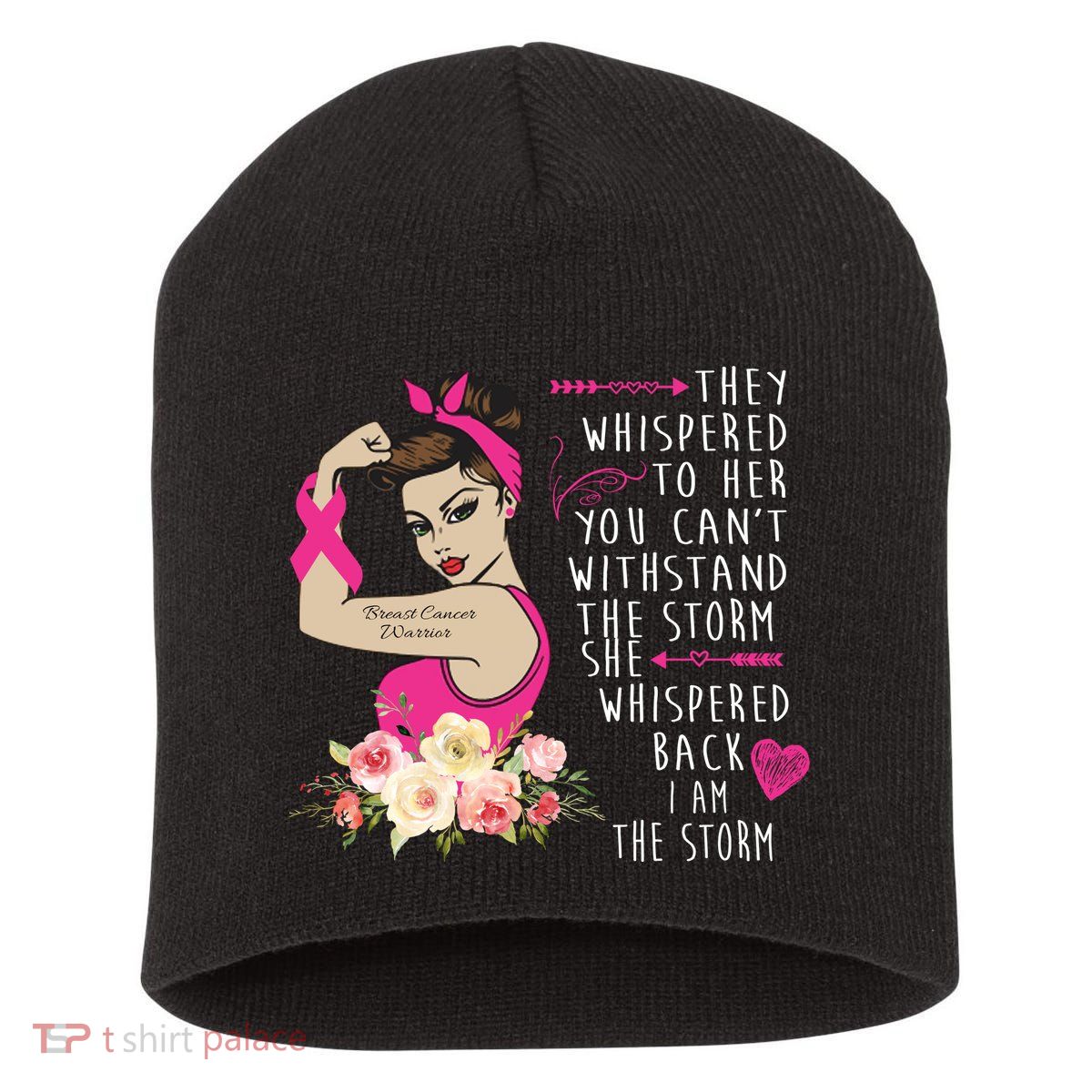 Fight Breast Cancer Quote Messy Bun Short Acrylic Beanie