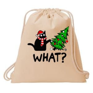 Funny Black Cat Gift Pushing Christmas Tree Over Cat What Drawstring Bag