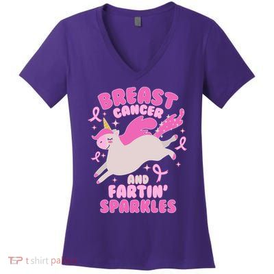 Funny Breast Cancer And Fartin' Sparkles Unicorn Women's V-Neck T-Shirt