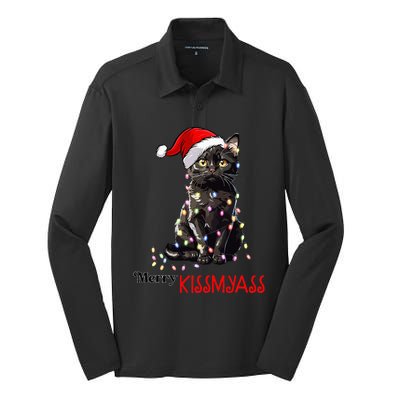 Funny Black Cat Merry Kissmyass Xmas Pajamas Chritsmas Silk Touch Performance Long Sleeve Polo