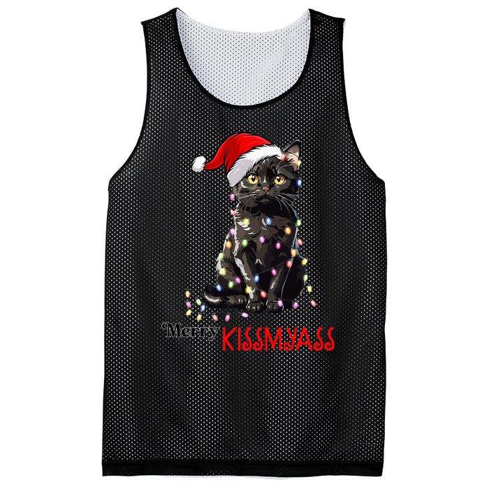 Funny Black Cat Merry Kissmyass Xmas Pajamas Chritsmas Mesh Reversible Basketball Jersey Tank