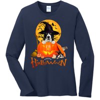 Funny Border Collie Dog Spooky Halloween Ladies Long Sleeve Shirt