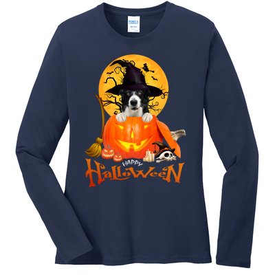 Funny Border Collie Dog Spooky Halloween Ladies Long Sleeve Shirt