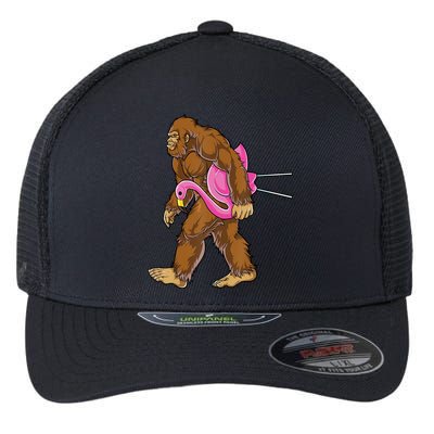 Funny Bigfoot Carry Flamingo Walking Sasquatch Believe Flexfit Unipanel Trucker Cap