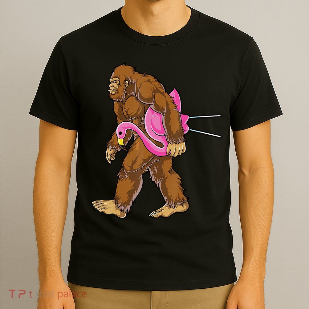 Funny Bigfoot Carry Flamingo Walking Sasquatch Believe T-Shirt