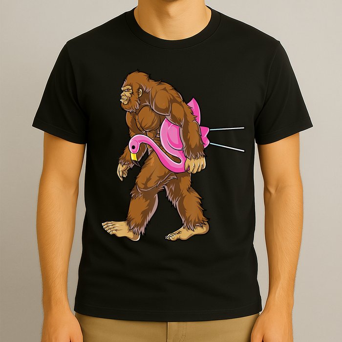 Funny Bigfoot Carry Flamingo Walking Sasquatch Believe T-Shirt