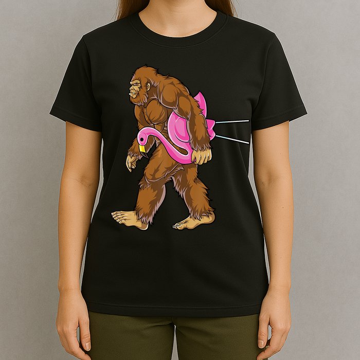 Funny Bigfoot Carry Flamingo Walking Sasquatch Believe T-Shirt