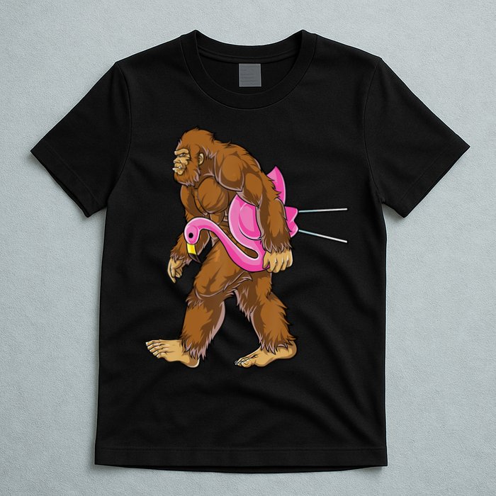 Funny Bigfoot Carry Flamingo Walking Sasquatch Believe T-Shirt