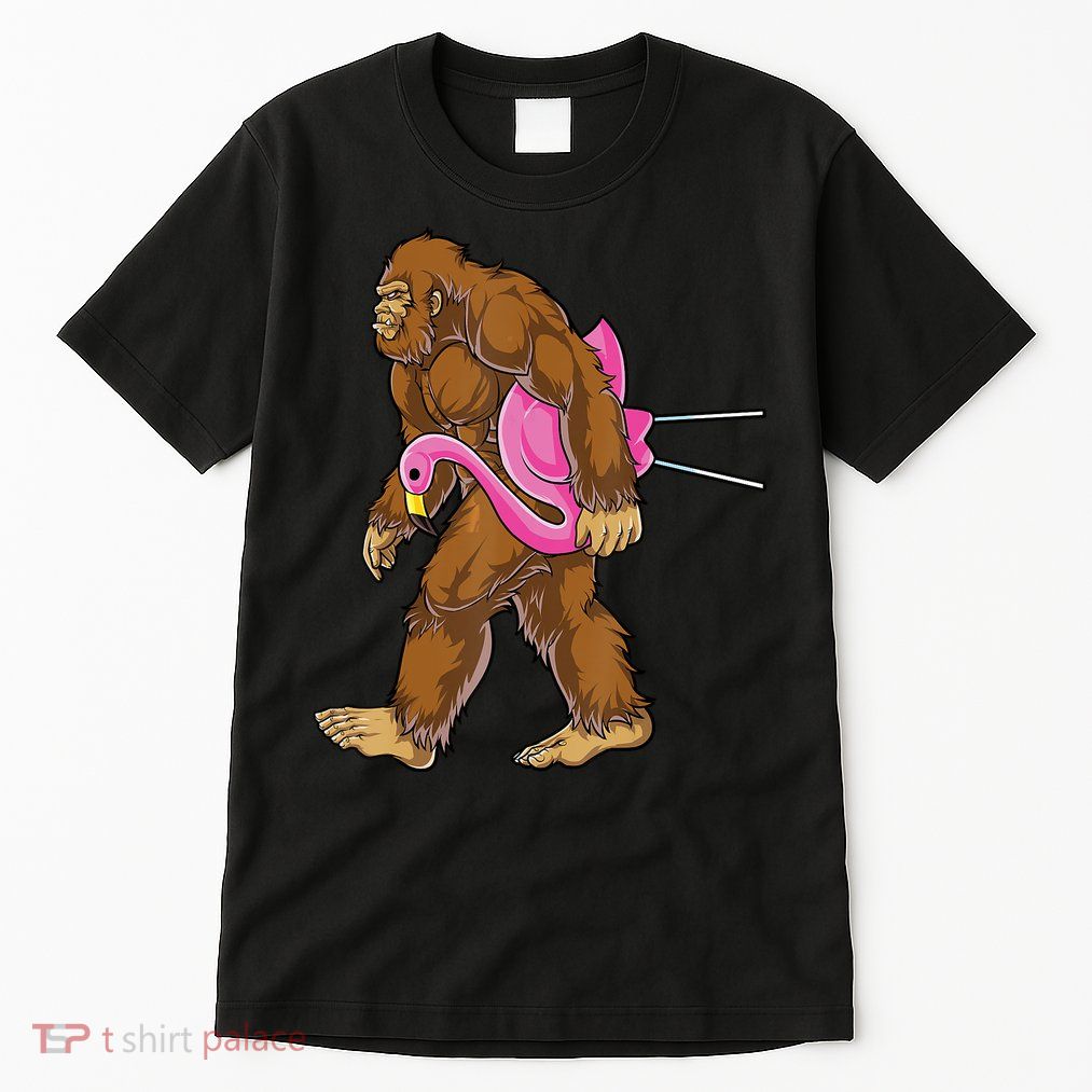 Funny Bigfoot Carry Flamingo Walking Sasquatch Believe Tall T-Shirt