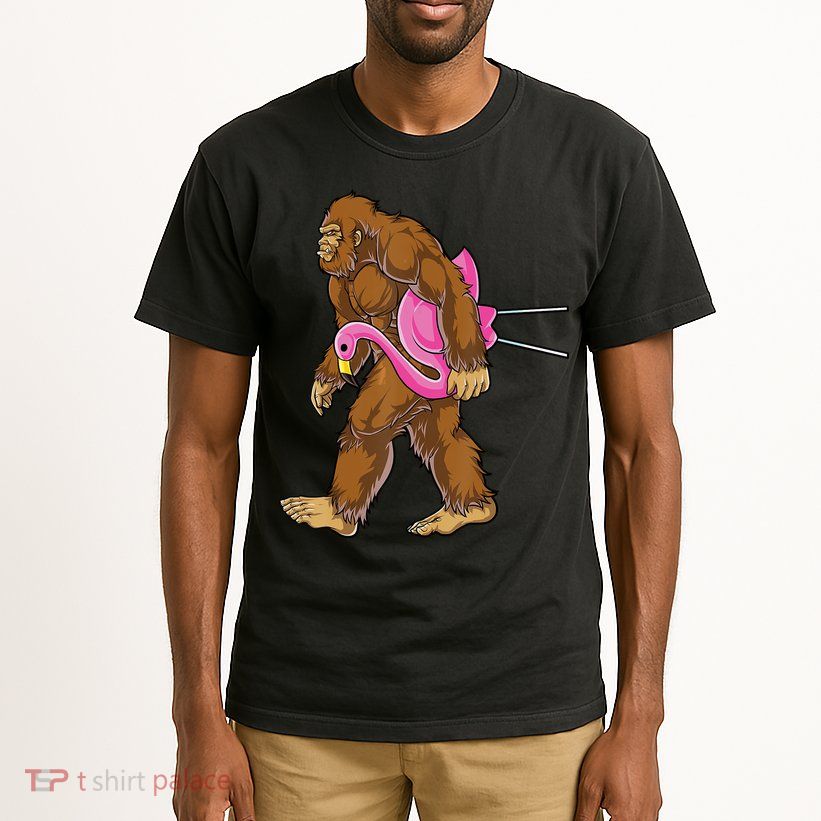 Funny Bigfoot Carry Flamingo Walking Sasquatch Believe Tall T-Shirt