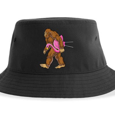 Funny Bigfoot Carry Flamingo Walking Sasquatch Believe Sustainable Bucket Hat