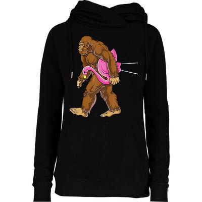 Funny Bigfoot Carry Flamingo Walking Sasquatch Believe Womens Funnel Neck Pullover Hood