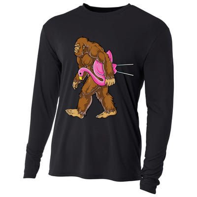 Funny Bigfoot Carry Flamingo Walking Sasquatch Believe Cooling Performance Long Sleeve Crew