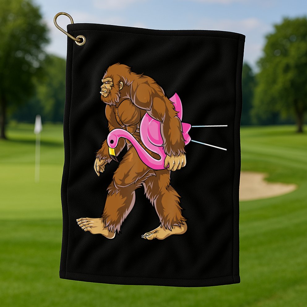Funny Bigfoot Carry Flamingo Walking Sasquatch Believe Golf Towel