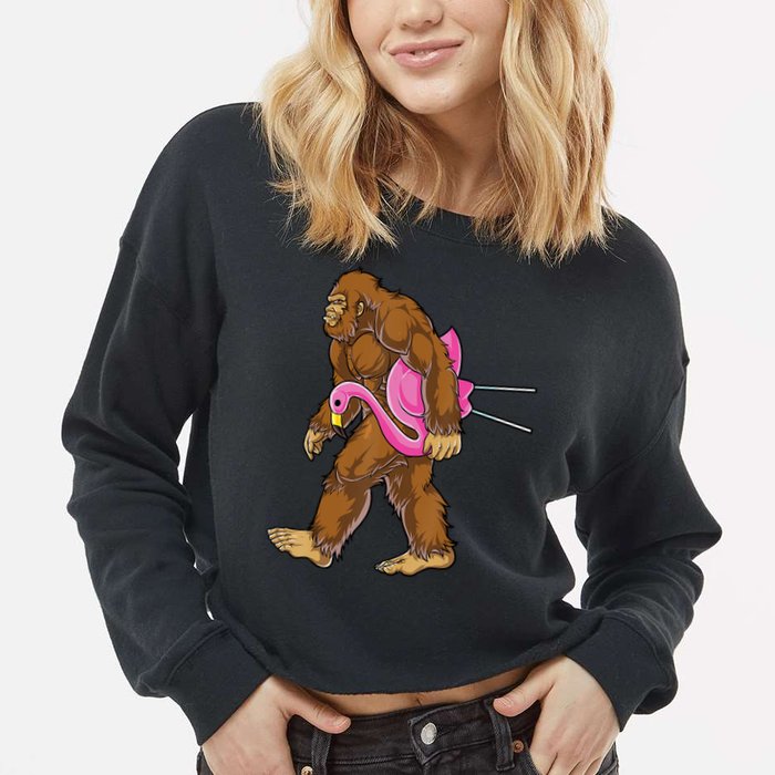 Funny Bigfoot Carry Flamingo Walking Sasquatch Believe Cropped Pullover Crew