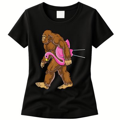 Funny Bigfoot Carry Flamingo Walking Sasquatch Believe Womens T-Shirt