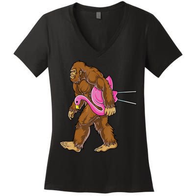 Funny Bigfoot Carry Flamingo Walking Sasquatch Believe Women's V-Neck T-Shirt