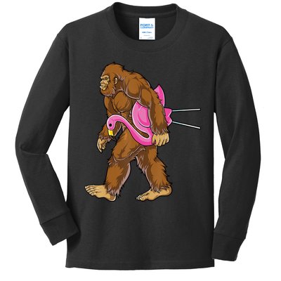 Funny Bigfoot Carry Flamingo Walking Sasquatch Believe Kids Long Sleeve Shirt