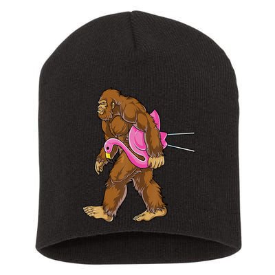Funny Bigfoot Carry Flamingo Walking Sasquatch Believe Short Acrylic Beanie
