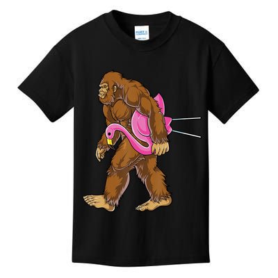 Funny Bigfoot Carry Flamingo Walking Sasquatch Believe Kids T-Shirt