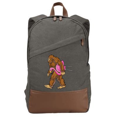 Funny Bigfoot Carry Flamingo Walking Sasquatch Believe Cotton Canvas Backpack