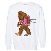 Funny Bigfoot Carry Flamingo Walking Sasquatch Believe Garment-Dyed Sweatshirt