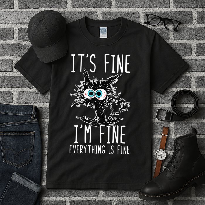 Funny Black Cat It's Fine I'm Fine Everything Is Fine Tall T-Shirt
