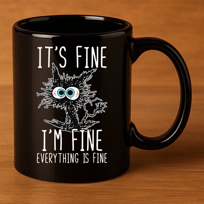 Funny Black Cat It's Fine I'm Fine Everything Is Fine 11oz C Handle Ceramic Mug