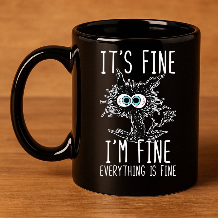 Funny Black Cat It's Fine I'm Fine Everything Is Fine 11oz C Handle Ceramic Mug