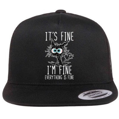 Funny Black Cat It's Fine I'm Fine Everything Is Fine Flat Bill Trucker Hat