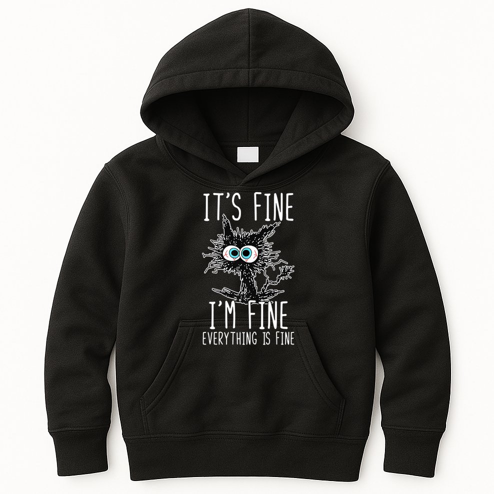Funny Black Cat It's Fine I'm Fine Everything Is Fine Kids Hoodie