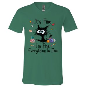 Funny Black Cat Its Fine Im Fine Everything Is Fine Teacher Xmas Gift V-Neck T-Shirt