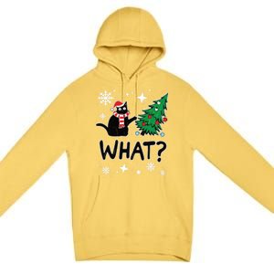 Funny Black Cat Design Pushing Christmas Tree Over Cat What? Gift Premium Pullover Hoodie