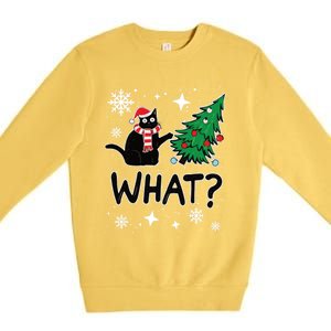 Funny Black Cat Design Pushing Christmas Tree Over Cat What? Gift Premium Crewneck Sweatshirt