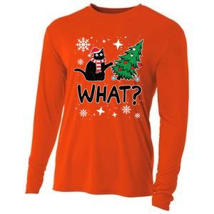 Funny Black Cat Design Pushing Christmas Tree Over Cat What? Gift Cooling Performance Long Sleeve Crew