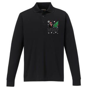 Funny Black Cat Design Pushing Christmas Tree Over Cat What? Gift Performance Long Sleeve Polo