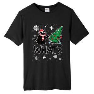 Funny Black Cat Design Pushing Christmas Tree Over Cat What? Gift Tall Fusion ChromaSoft Performance T-Shirt