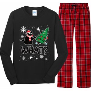 Funny Black Cat Design Pushing Christmas Tree Over Cat What? Gift Long Sleeve Pajama Set