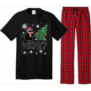 Funny Black Cat Design Pushing Christmas Tree Over Cat What? Gift Pajama Set