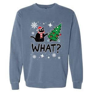 Funny Black Cat Design Pushing Christmas Tree Over Cat What? Gift Garment-Dyed Sweatshirt