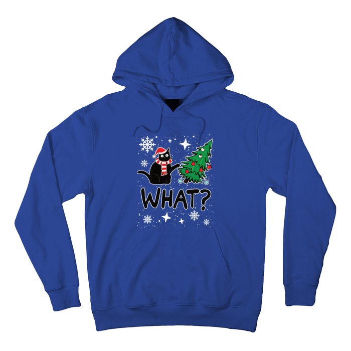 Funny Black Cat Design Pushing Christmas Tree Over Cat What? Gift Hoodie