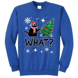 Funny Black Cat Design Pushing Christmas Tree Over Cat What? Gift Sweatshirt