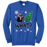 Funny Black Cat Design Pushing Christmas Tree Over Cat What? Gift Sweatshirt