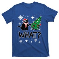 Funny Black Cat Design Pushing Christmas Tree Over Cat What? Gift T-Shirt