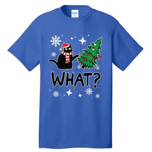 Funny Black Cat Design Pushing Christmas Tree Over Cat What? Gift Tall T-Shirt